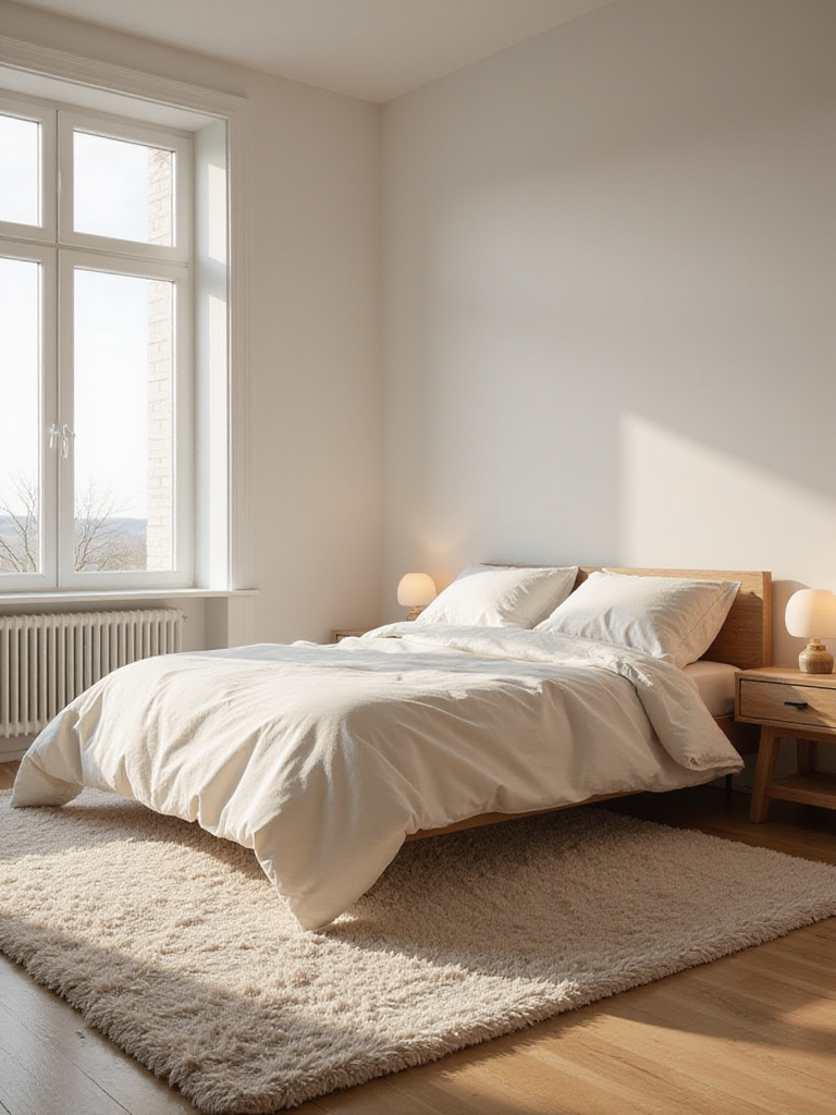 Cozy apartment bedroom with a plush rug partially under the bed, creating a defined and inviting space.