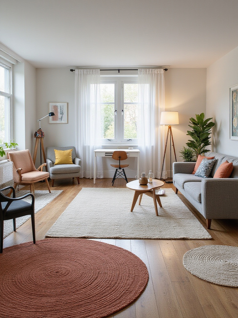 Apartment living room with distinct zones defined by stylish rugs: seating area, reading nook, and workspace.