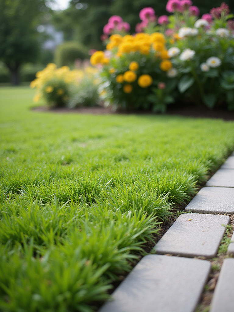 Lawn garden with defined edge of gray pavers separating grass from flower bed.