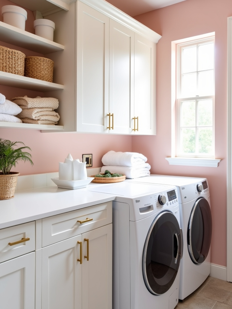 Calm and inviting laundry room with soft blush pink walls and white cabinets.