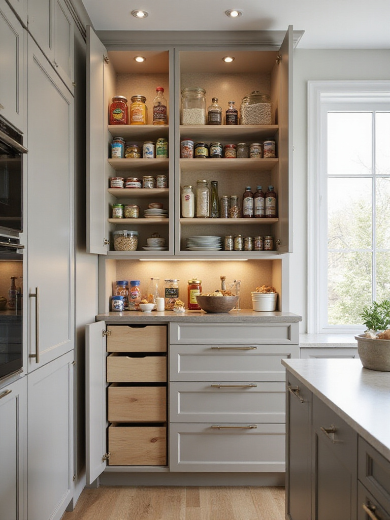 Well-organized pantry cabinet with adjustable shelves and pull-out drawers for efficient food storage