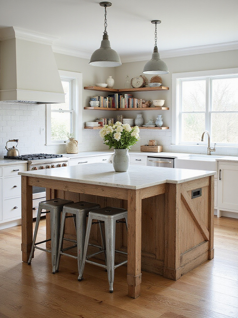 Farmhouse kitchen island with seating for gathering, featuring distressed wood and marble countertop
