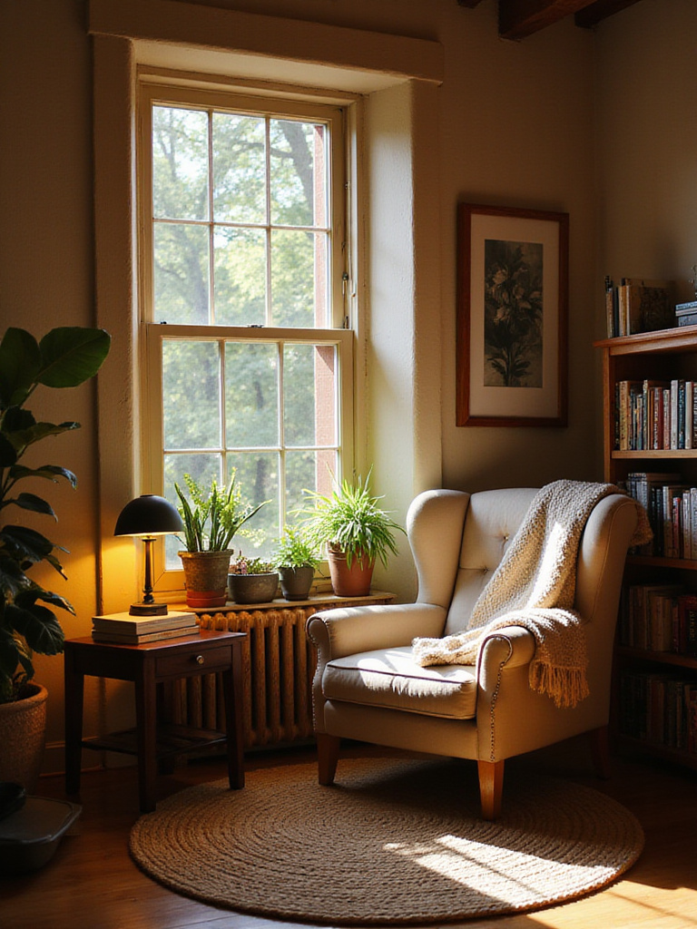 Cozy rustic reading nook with comfortable armchair, wooden side table, and soft lighting.