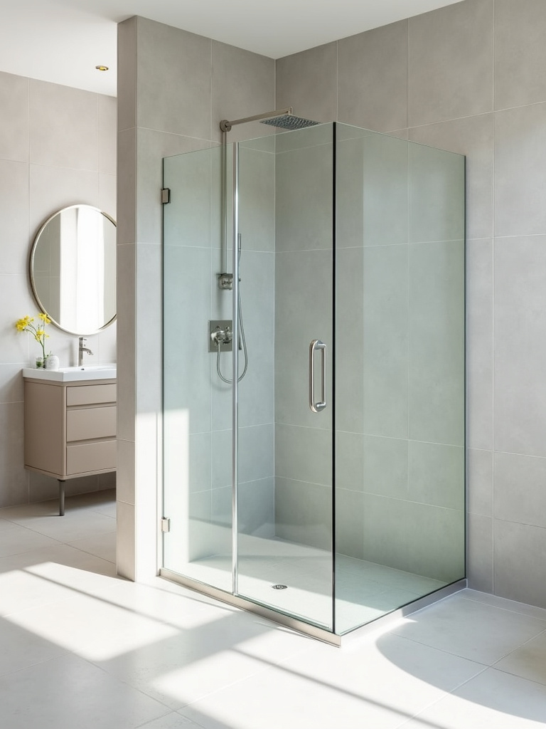 Minimalist bathroom design with walk-in shower and frameless glass panel.