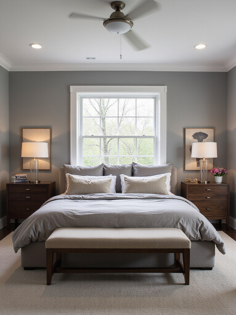 Modern master bedroom design with designated 'His' and 'Hers' zones, featuring personalized nightstands and a shared bed.