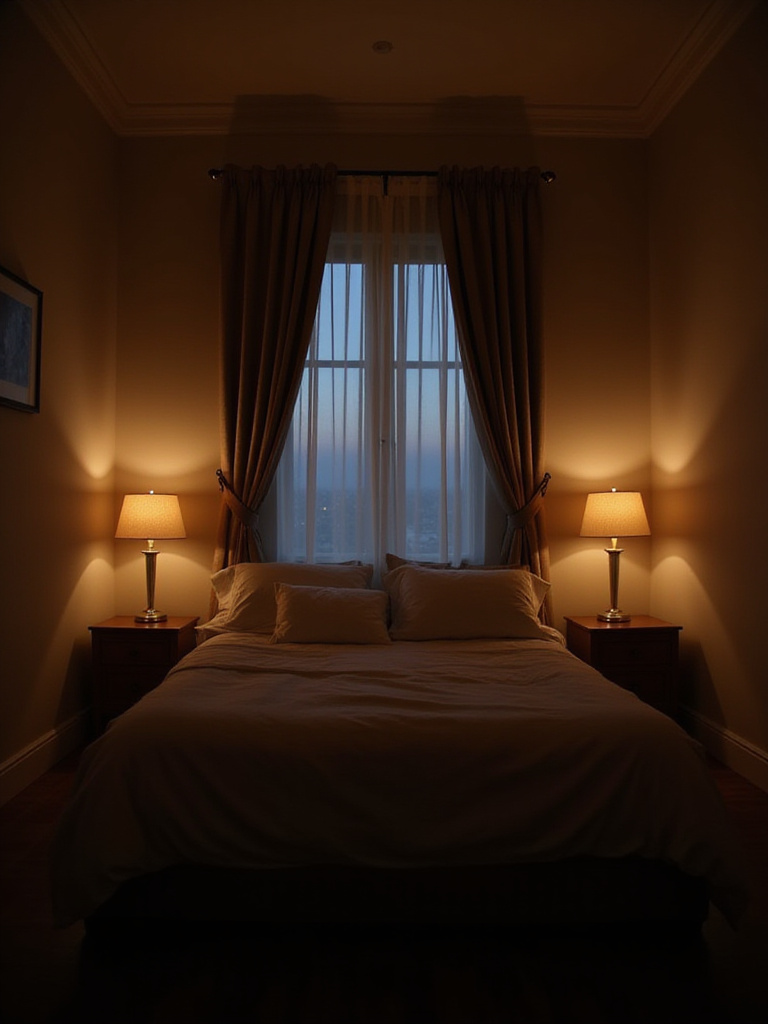 Romantic bedroom with soft, dimmed lighting from lamps and overhead dimmer switch.