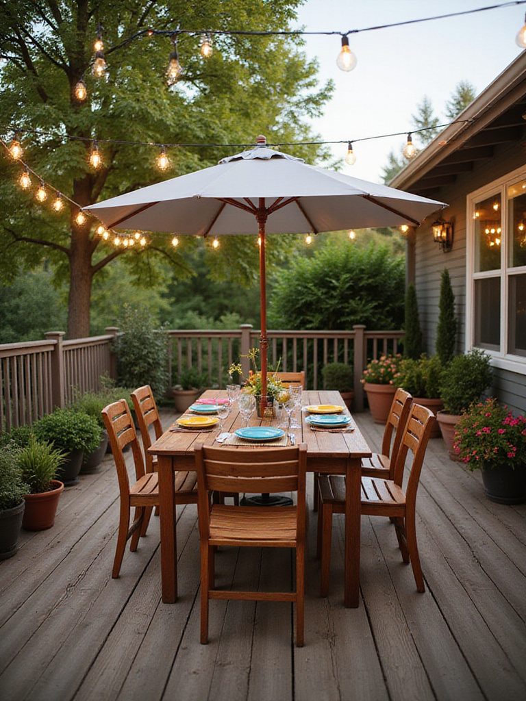 Beautifully decorated deck with outdoor dining area featuring string lights and potted plants.
