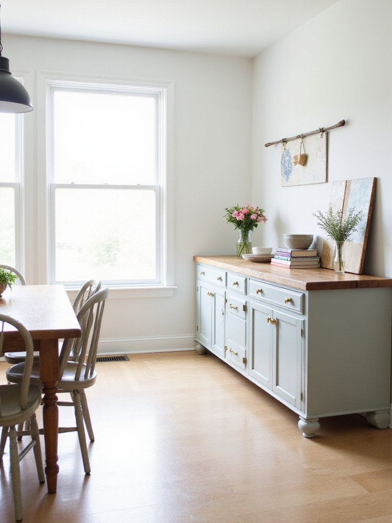 Stylish kitchen sideboard in a bright and airy dining area, offering extra storage and surface space.