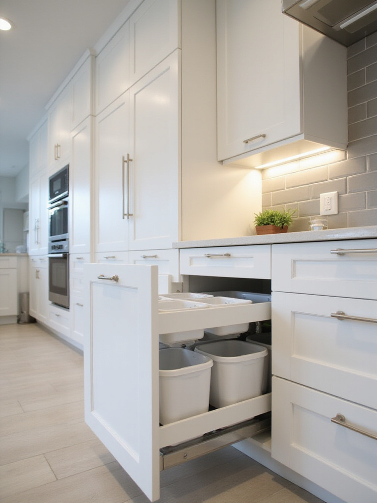 Integrated waste bin system in a modern kitchen cabinet.