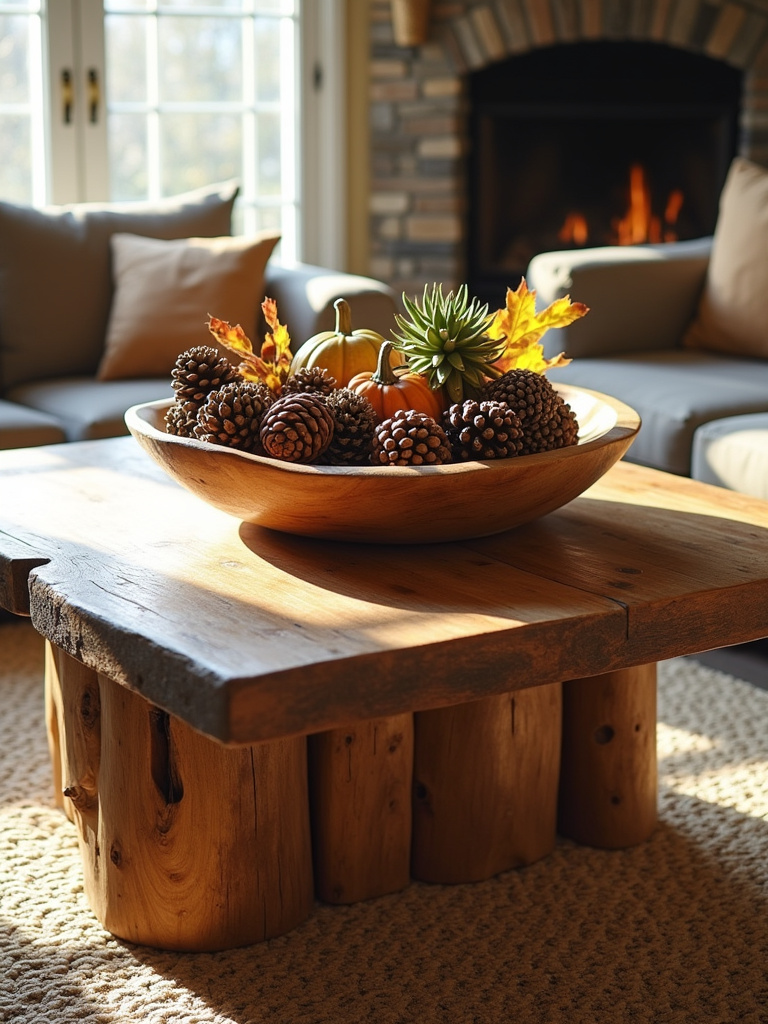 Rustic living room decor: wooden bowl filled with natural elements on a reclaimed wood coffee table