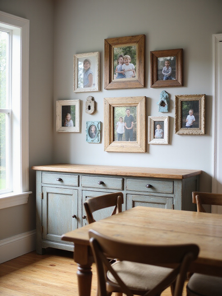 Rustic dining room with a gallery wall of family photos in distressed wood frames above a sideboard.