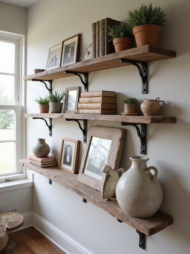 Rustic living room with wooden shelves displaying vintage decor.