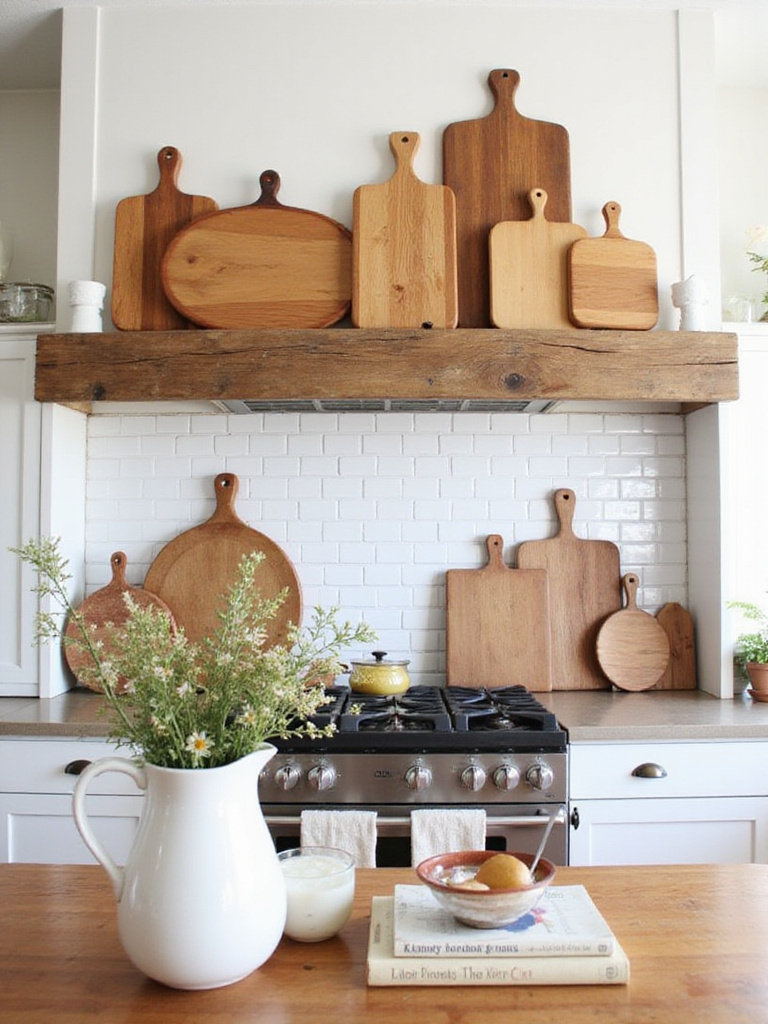 Farmhouse kitchen decor featuring wooden cutting boards as decorative art on backsplash and open shelving.