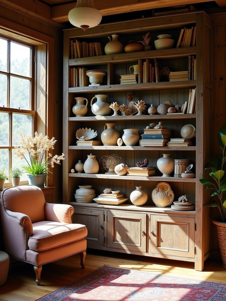 Rustic living room with reclaimed wood bookshelf displaying vintage books and antique pottery.