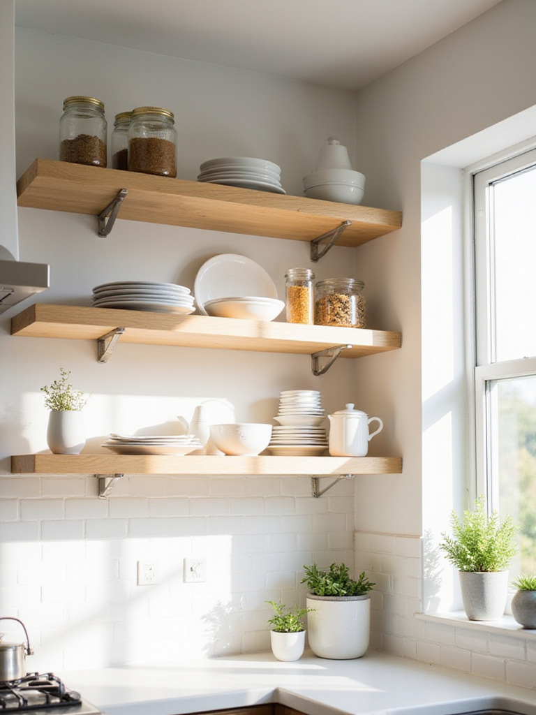 Modern kitchen with open shelving displaying dishes, spices, and herbs.