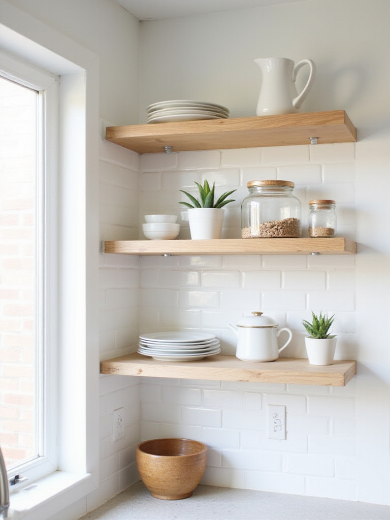 Modern kitchen with open shelving displaying dishes, jars, and plants.