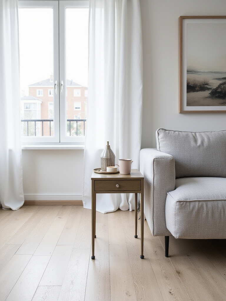 Small apartment living room featuring a space-saving metal side table with drawer.