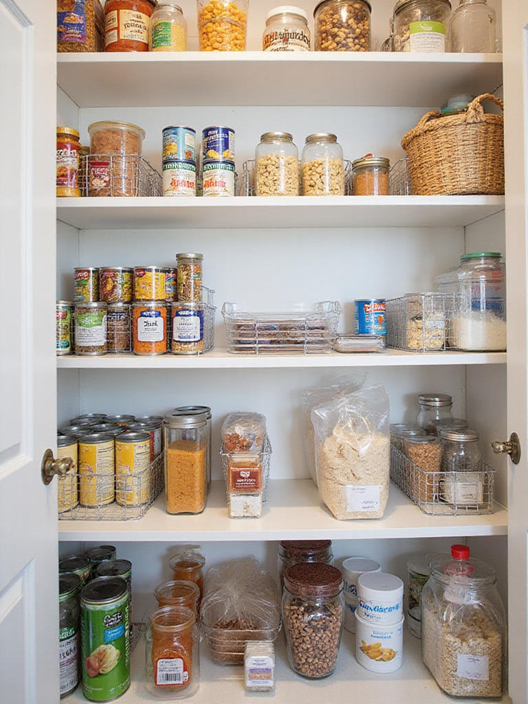 Pantry shelves organized with acrylic and wire dividers showing neatly arranged canned goods, snacks, and baking supplies.