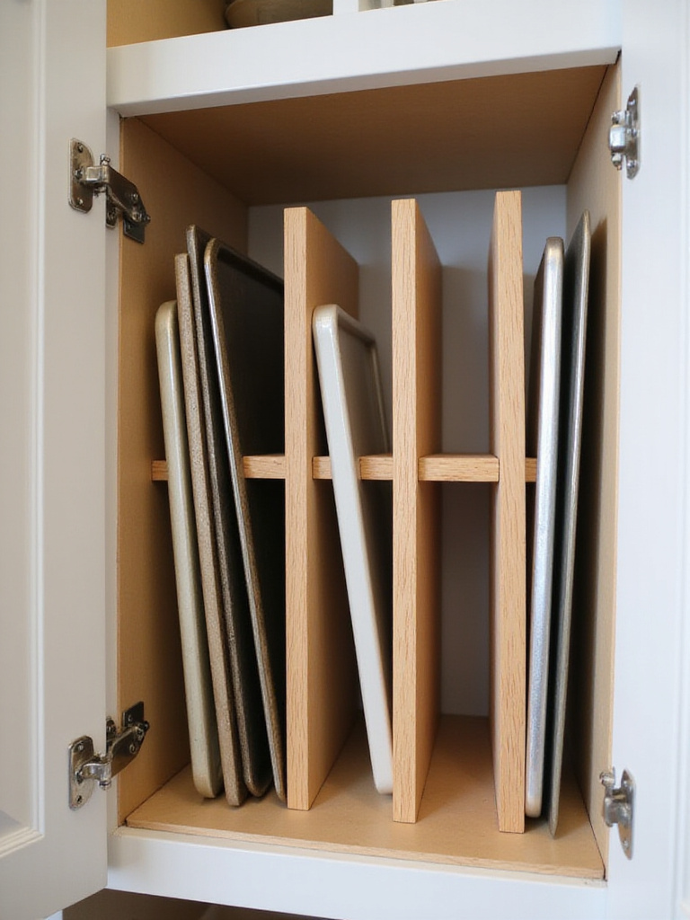 Baking sheets and trays organized vertically in a pantry using wooden dividers.