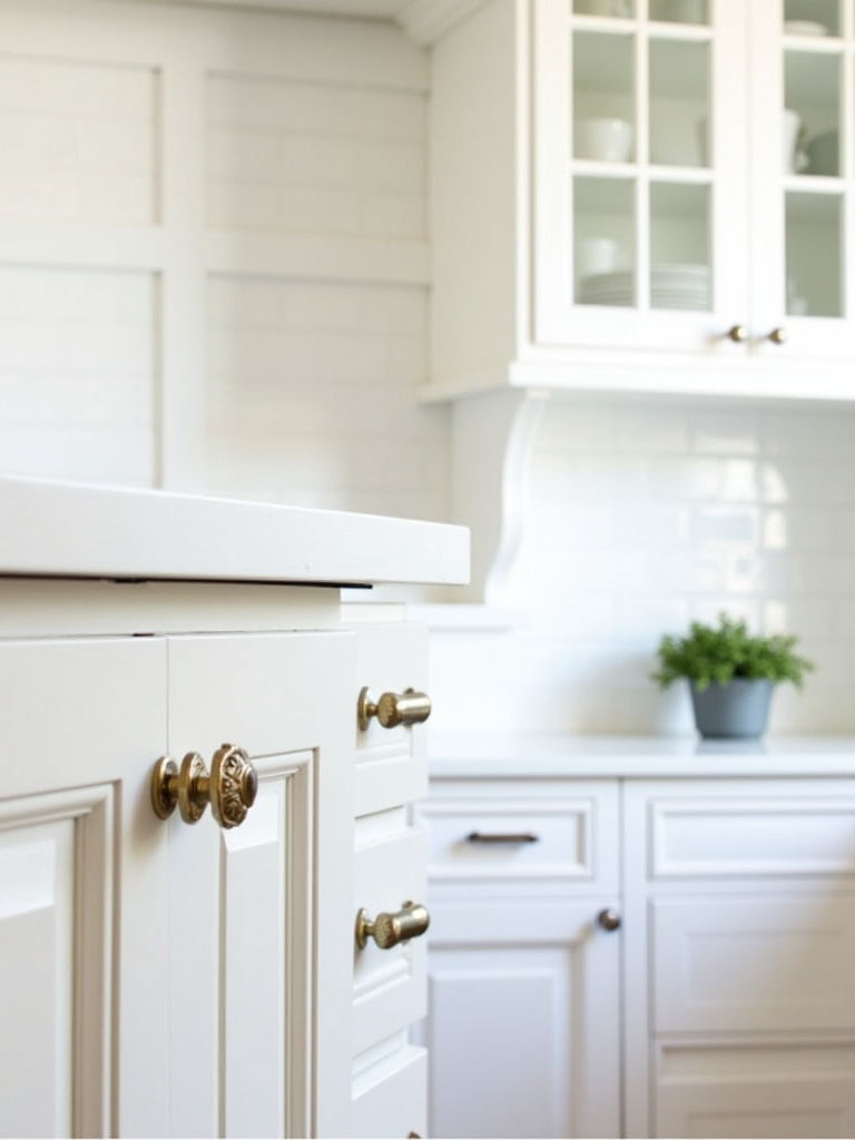 White kitchen cabinets featuring raised panel, flat panel, shaker, and glass-front door styles.