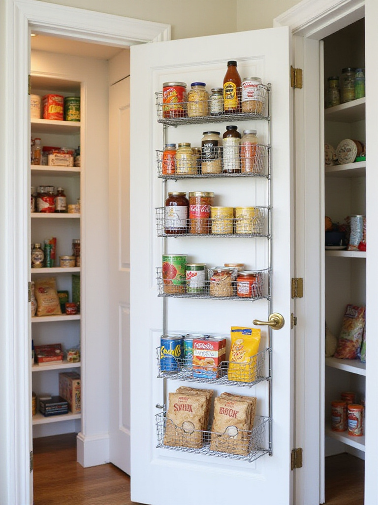 Well-organized pantry door with over-the-door organizer filled with spices, cans, and snacks.