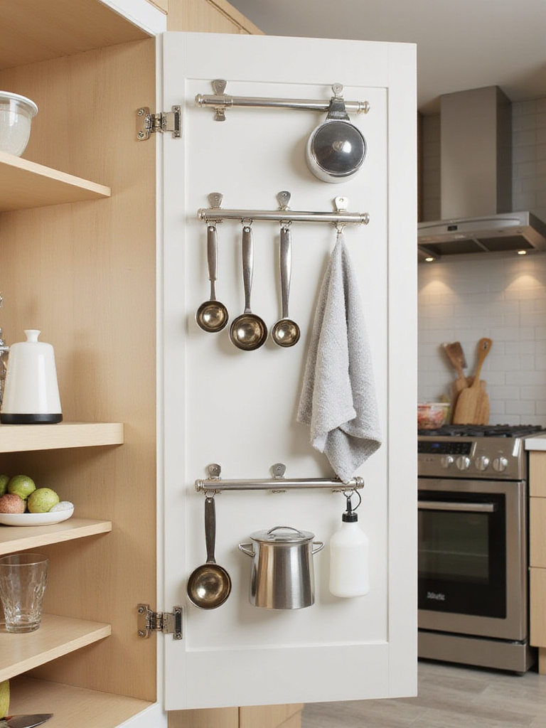 Cabinet door organization with over-the-door hooks displaying measuring cups, dish towel, and spray bottle.