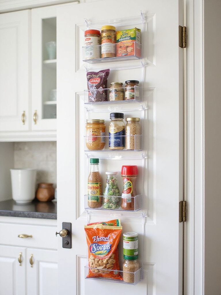 Pantry door with clear over-the-door organizer filled with snacks and spices.