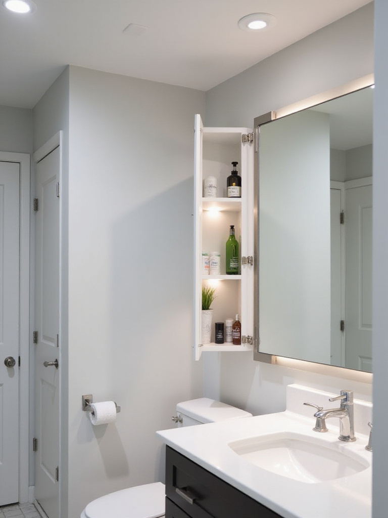 Modern bathroom with recessed medicine cabinet mirror providing storage