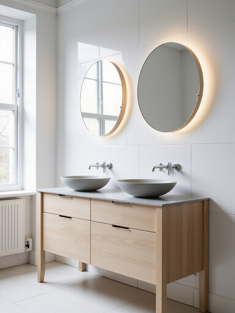Modern bathroom with light oak double vanity and quartz countertop