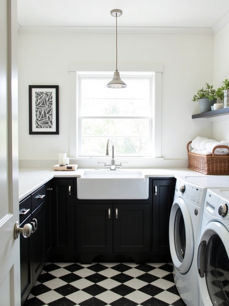 Black and white laundry room with checkered floor and shaker cabinets.