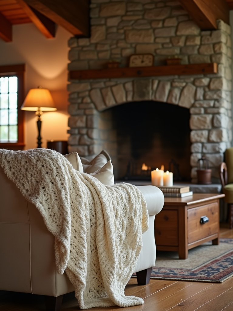 Rustic living room with chunky knit blanket draped over sofa