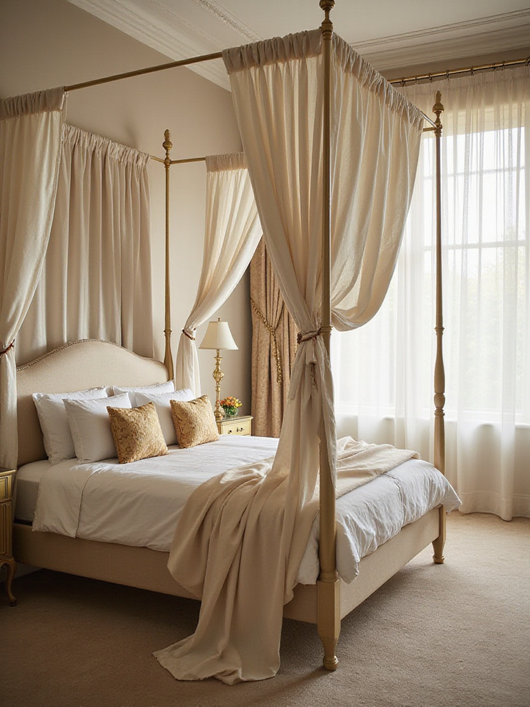 Romantic bedroom featuring a luxurious canopy bed draped in ivory silk.