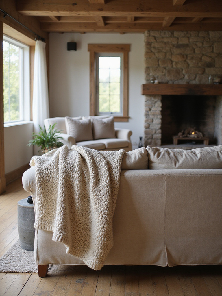 Rustic living room with a chunky knit throw blanket draped over a linen sofa.