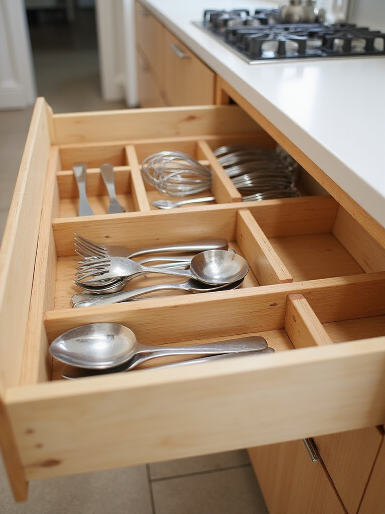 Organized kitchen drawer with bamboo dividers and utensils