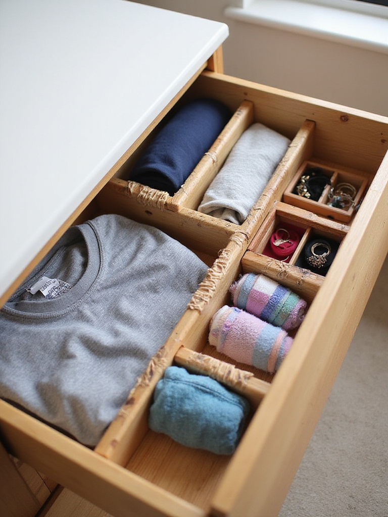 Organized dresser drawer with bamboo dividers holding folded t-shirts, socks, and jewelry.