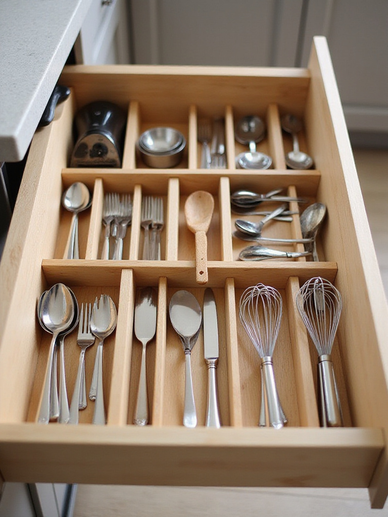 Organized kitchen drawer with wooden dividers holding utensils and cutlery.