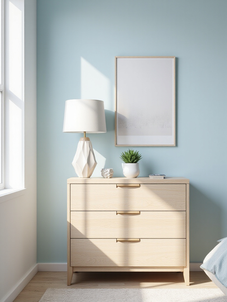 Modern bedroom with light wood dresser, succulent, and abstract art.