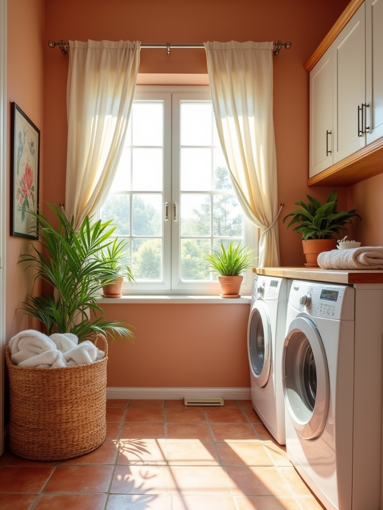 Laundry room design with terracotta walls and natural accents