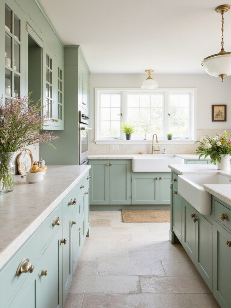 Earthy limestone countertops in a bright and airy kitchen with sage green cabinets.