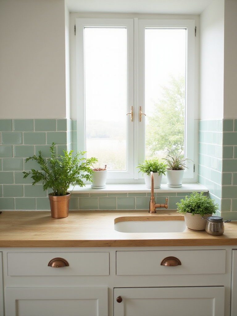 Calming kitchen with sage green tile backsplash and light wood countertops