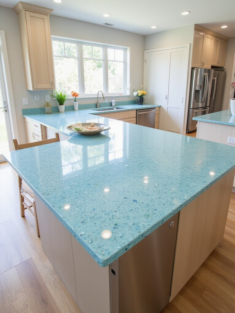 Modern kitchen island with a sustainable recycled glass countertop.