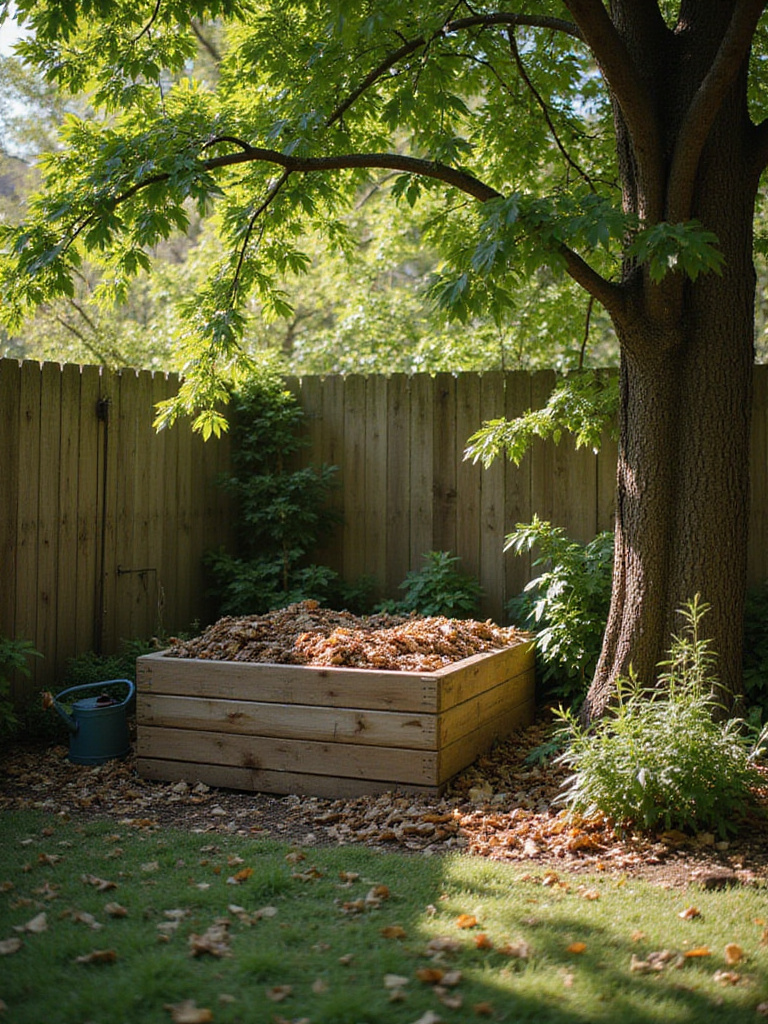 Wooden compost bin overflowing with leaves and garden waste in a backyard garden.