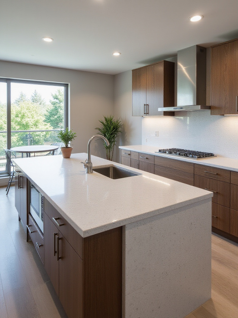 Modern kitchen featuring quartz countertops with waterfall, bullnose, and mitered edge profiles.