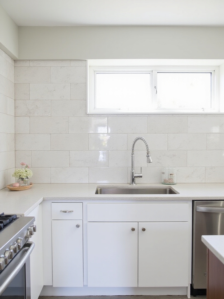 Modern kitchen with easy-to-clean ceramic tile backsplash.