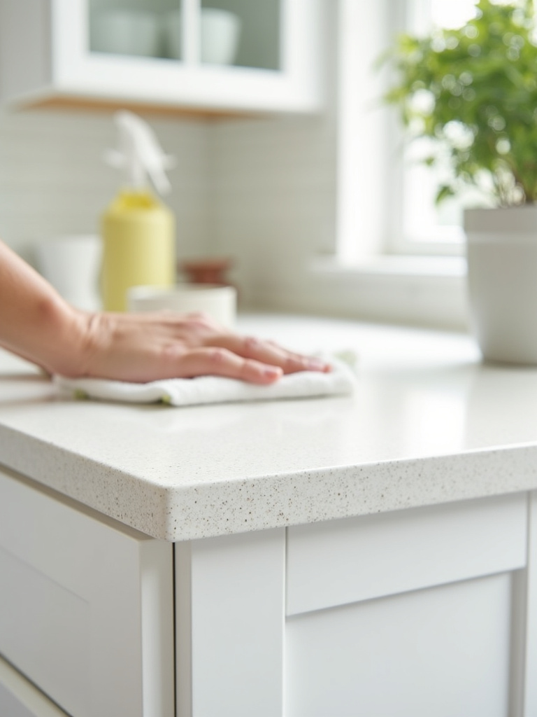 Effortless cleaning of white kitchen cabinets with a microfiber cloth.