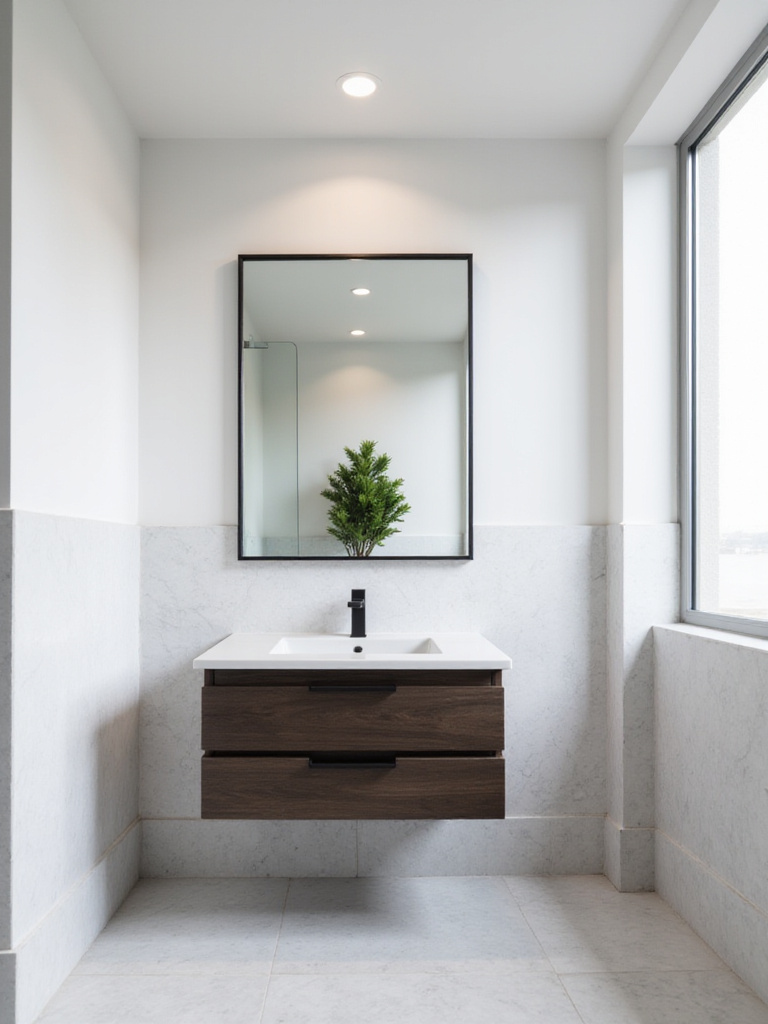 Minimalist bathroom with white marble tile, dark wood floating vanity, and a large rectangular black metal frame mirror.