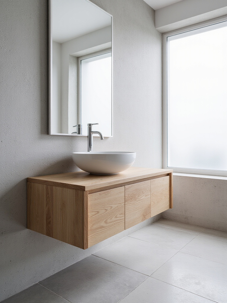 Modern bathroom with a round white vessel sink on a floating wood vanity.