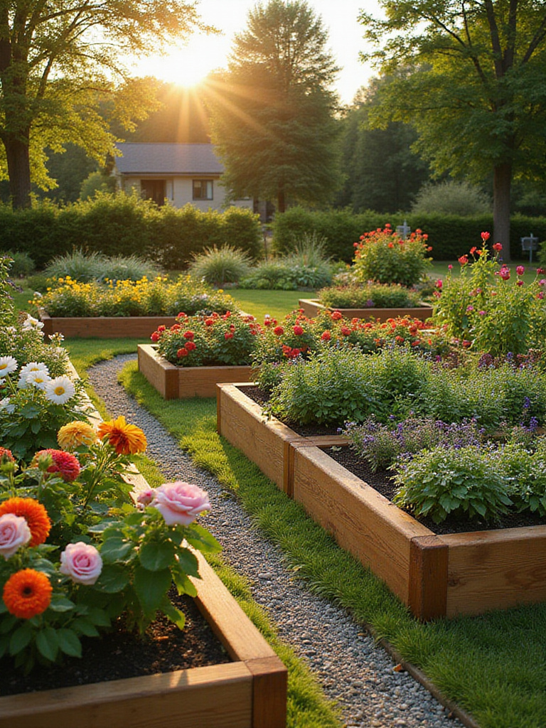Stylish cedar raised garden beds filled with flowers and vegetables in a beautiful lawn garden