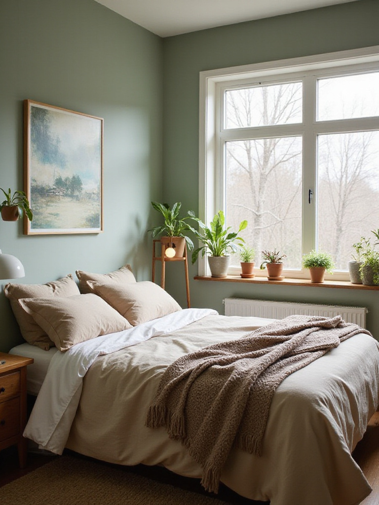Cozy bedroom with sage green walls and earthy-toned linen bedding.