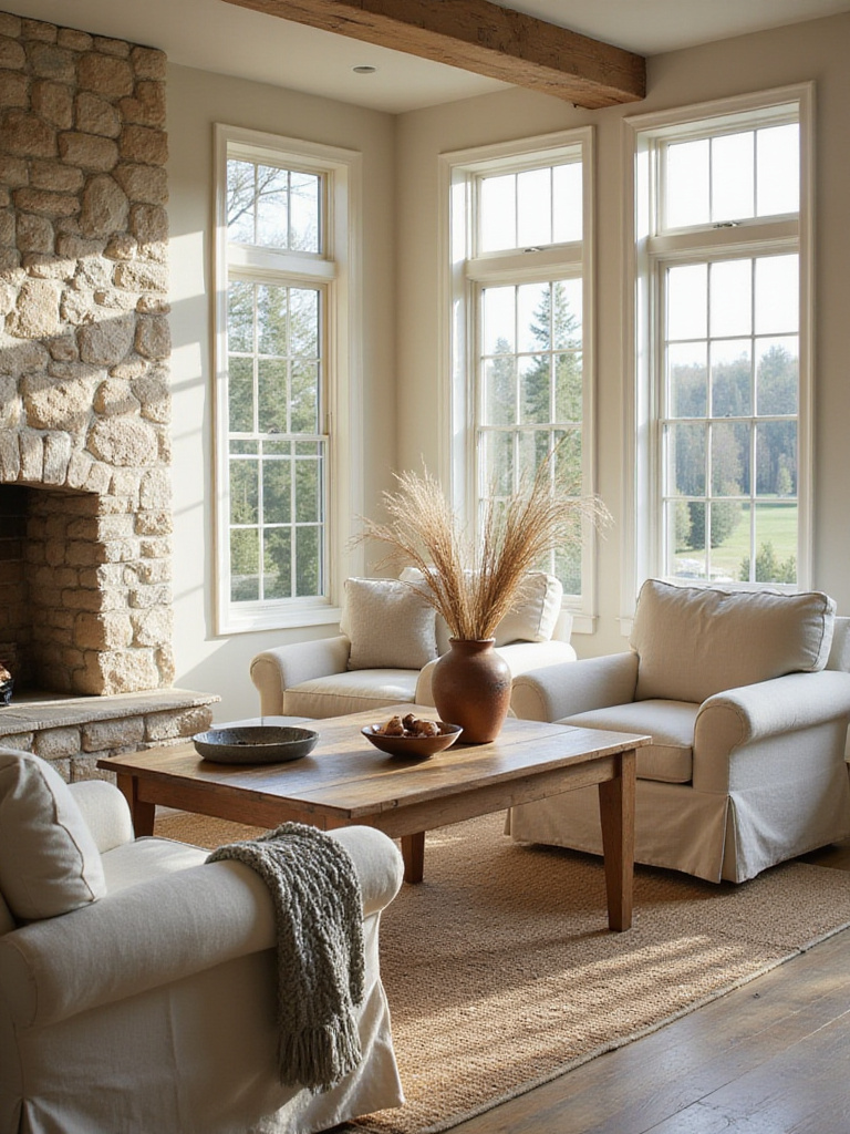 Rustic living room with natural color palette featuring beige walls, sage green accents, and a stone fireplace.